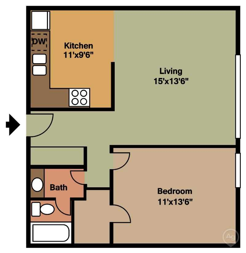 Floor plan for 1 bed, 1 bath, 675 sqft
